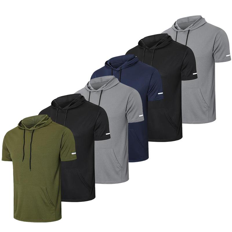 2024 Hot Selling Items，3 6 Pcs Men's Sports Hoodies, SolidColor Tops With Hats, quick drying Moisture Wicking Short Sleeve Mesh Athletic T-Shirts baggy compression shirt