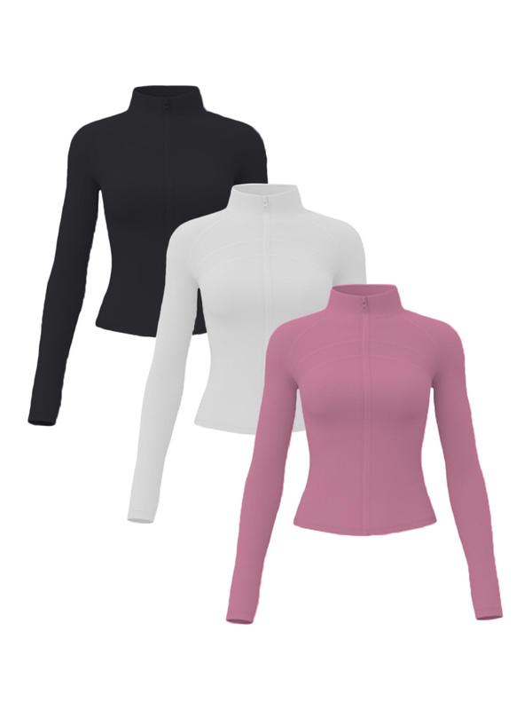 Women's Solid Zip Up Thumb Hole Sports Jacket, Sports Long Sleeve Stand Collar Outerwear for Yoga Gym Workout, Ladies Sportswear for Fall & Winter