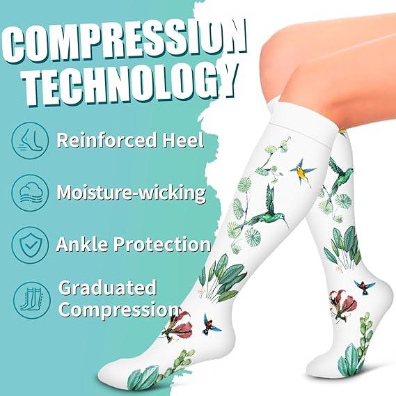 ISUNIE Compression Socks 4 Pairs Floral Print Knee High Socks Floral Printing Socks for Women and Men - For  Running, Athletic,Travel