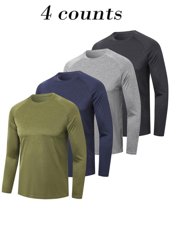 Men's Solid Long Sleeve Tee, Quick Drying Breathable Round Neck Sports T-shirt for Gym Workout Running, Workout Tops, Gym Clothes, Casual Sporty Top for All Seasons