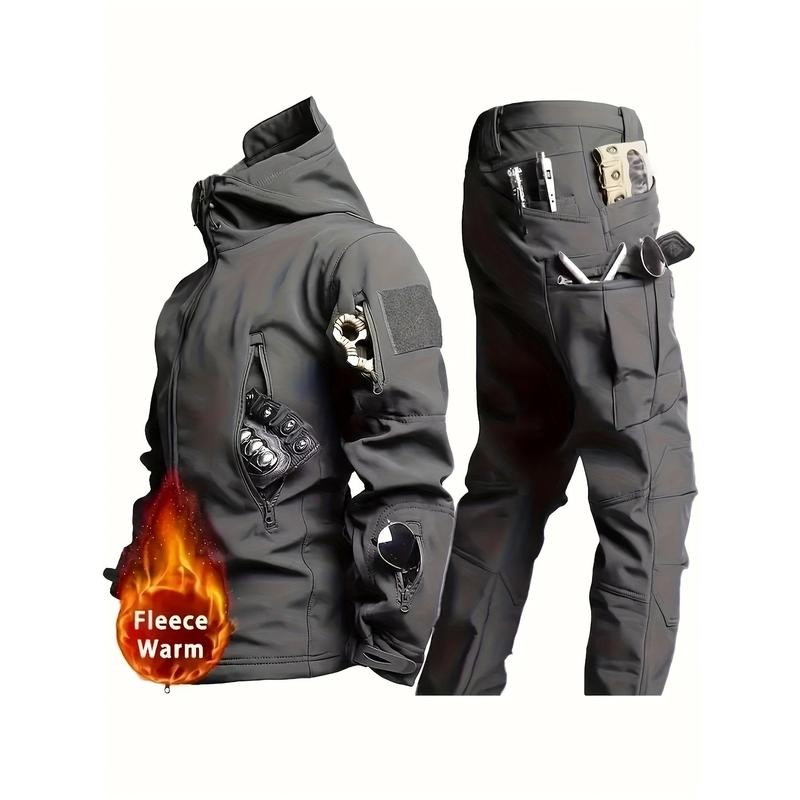 Men's Hooded Softshell Jacket And Pants Set - Fleece-lined, Multi-pocket, Outdoor Hiking And Training Suit For Fall Winter