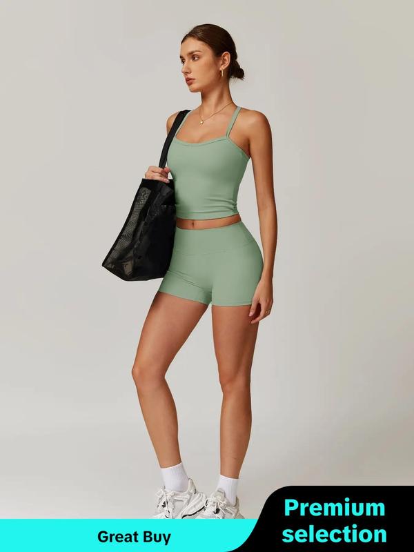 Two Pieces Women's Solid Backless Tracksuit Set, Spaghetti Strap Cami Top & High Waist Skinny Shorts, Ladies Fall Sportswear, Fall Outfits 2024, Women Sport & Outdoor Clothing As Birthday Gifts