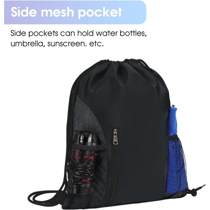 Drawstring Backpack Sports Gym Sackpack with Mesh Pockets Water Resistant String Bag for Women Men(Black)