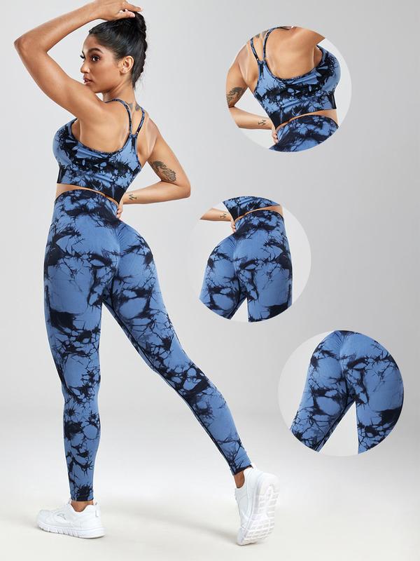 Two-Piece Set Three-Piece Set Women's Tie Dye Print Crop Cami Top & High Waist Leggings Tracksuit Set, Sleeveless Spaghetti Strap Crop Top & High Stretch Yoga Leggings, Ladies Sportswear for Indoor Outdoor Wear