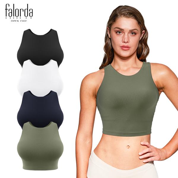 FALORDA Women's Solid Round Neck Cropped Sports Vest, Basic Crew Neck Sleeveless Sport Tank Top, Removable Pads,Women's Sport & Outdoor Clothing Workout Gym Exercise