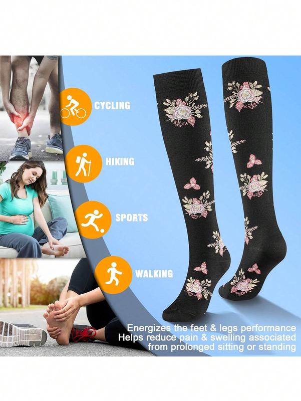 6 Pairs Compression Socks For Women, Floral Pattern Scocks Breathable High Tube Socks For Running Fitness Skipping Cycling Athletic Compression Socks knee socks ladies socks socks for