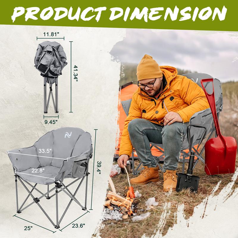 Naudacaa Oversized Heated Camping Chair, Padded Camp Chair with 3 Heat Levels, Portable Folding Heated Chair Round Moon Saucer Folding Lawn Chairs