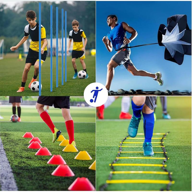 Speed & Agility Training Equipment-20ft Agility Ladder, 6 Poles, 12 Soccer Cones, Resistance Parachute, Jump Rope, Soccer Football Basketball Sport Training Set for Kids Youth Adults