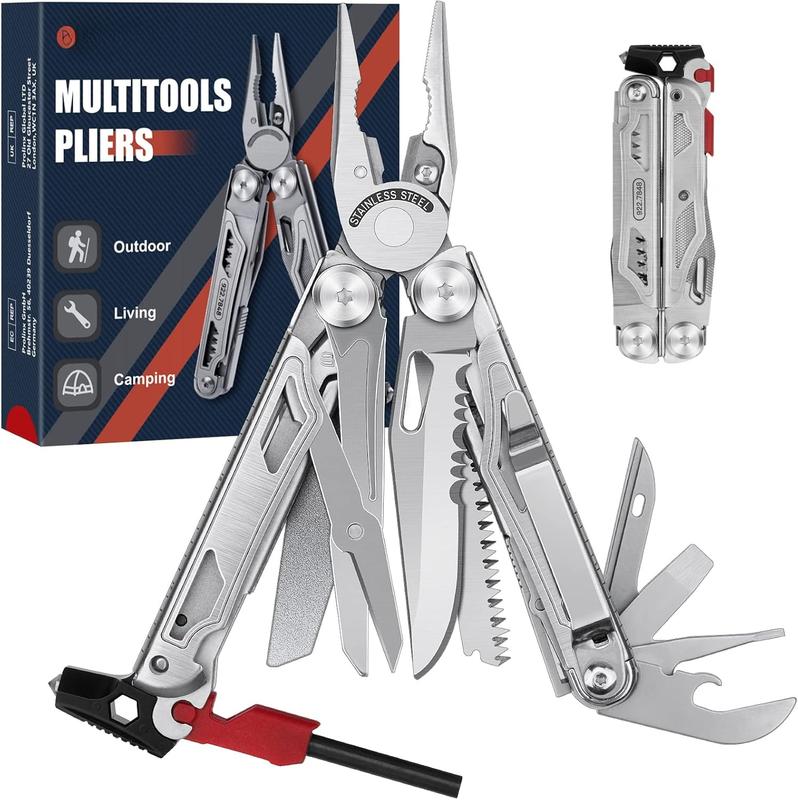 Multitool Pliers BI2038B, 22-in-1 Stainless Steel Multi Tool with Flint, Window Breaker, Scissors, Back Clip, Folding Pocket Multifunctional Self-locking EDC Tool for Survival Camping Hiking