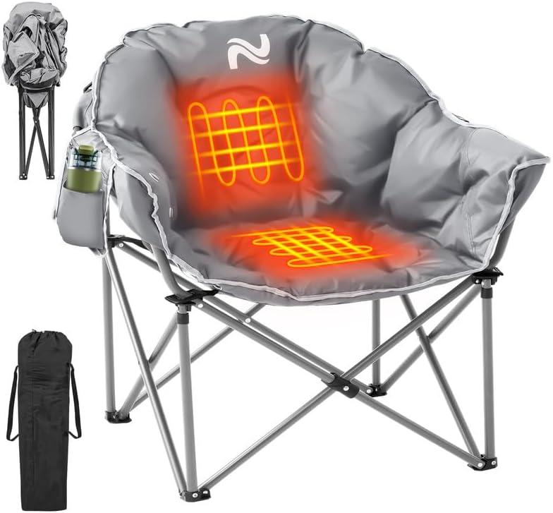 Naudacaa Oversized Heated Camping Chair, Padded Camp Chair with 3 Heat Levels, Portable Folding Heated Chair Round Moon Saucer Folding Lawn Chairs