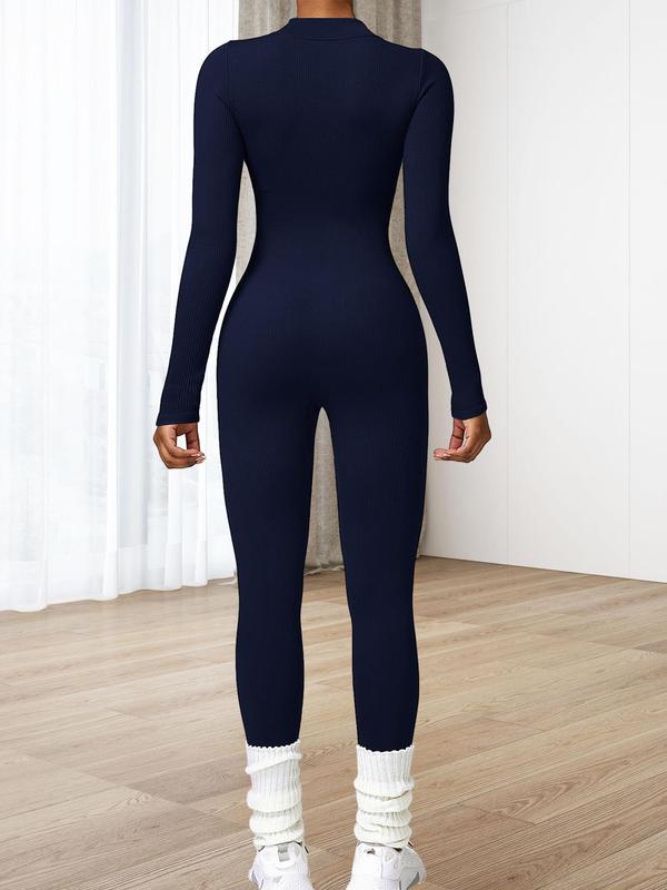 Women's Solid Zip Up Stand Collar Sports Jumpsuit, Long Sleeve Seamless Jumpsuit For Yoga Gym Workout, Holiday Outfits, Ladies' Sportswear Clothing, Tummy Control