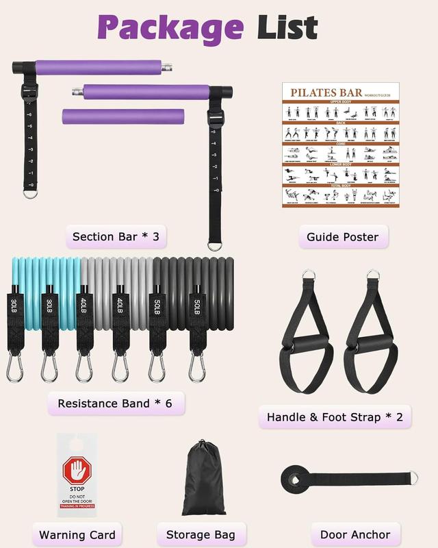 Pilates Bar Kit with Resistance Bands, 3-Section Pilates Bar with Adjustable Strap, Door Anchor, Handles and Foot Strap exercise equipment push-up board fitness enthusiast