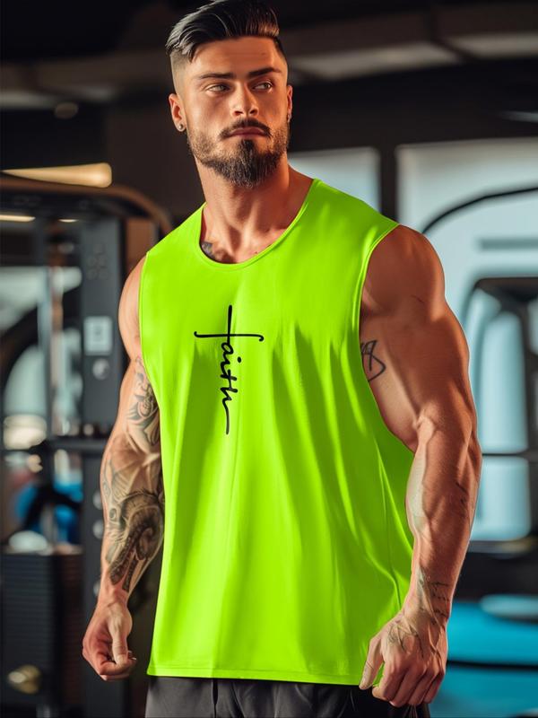 Men's Letter Print Round Neck Sports Vest, Fall Outfits, Fallfreshness Quick Drying Breathable Crew Neck Sleeveless Tank Top for Gym Workout Running, Casual Sportswear for Men