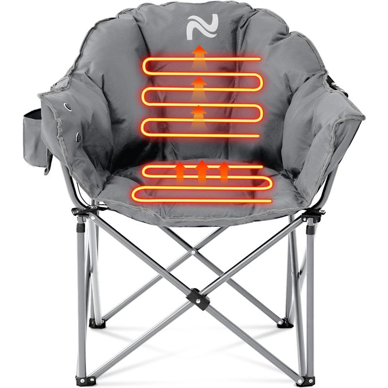 Naudacaa Oversized Heated Camping Chair, Padded Camp Chair with 3 Heat Levels, Portable Folding Heated Chair Round Moon Saucer Folding Lawn Chairs