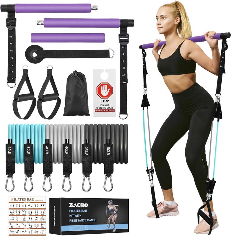 Pilates Bar Kit with Resistance Bands, 3-Section Pilates Bar with Adjustable Strap, Door Anchor, Handles and Foot Strap exercise equipment push-up board fitness enthusiast