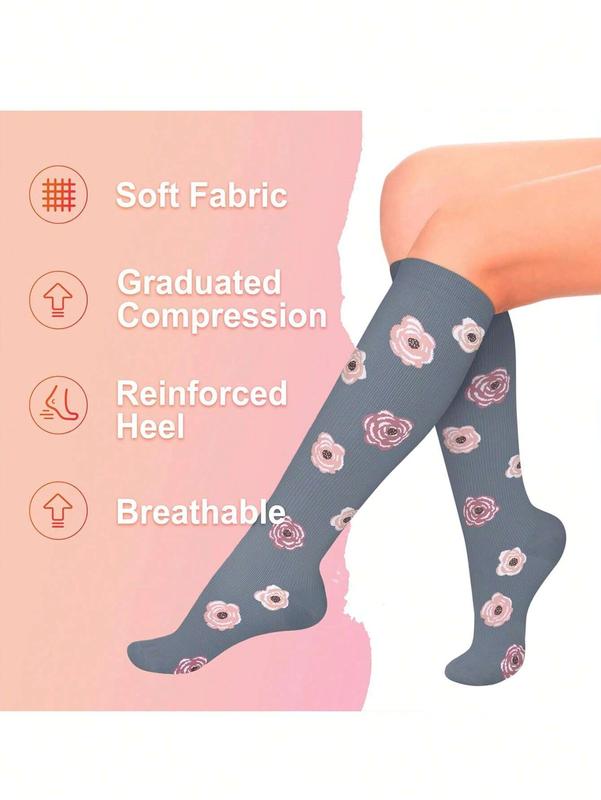 6 Pairs Compression Socks For Women, Floral Pattern Scocks Breathable High Tube Socks For Running Fitness Skipping Cycling Athletic Compression Socks knee socks ladies socks socks for