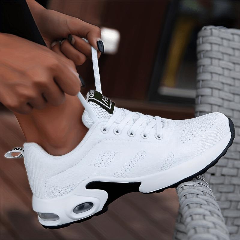 Women's Air Cushion Sneakers, Flying Woven Shock Absorbing Running Shoes, Lace Up Comfortable Outdoor Sports Shoes