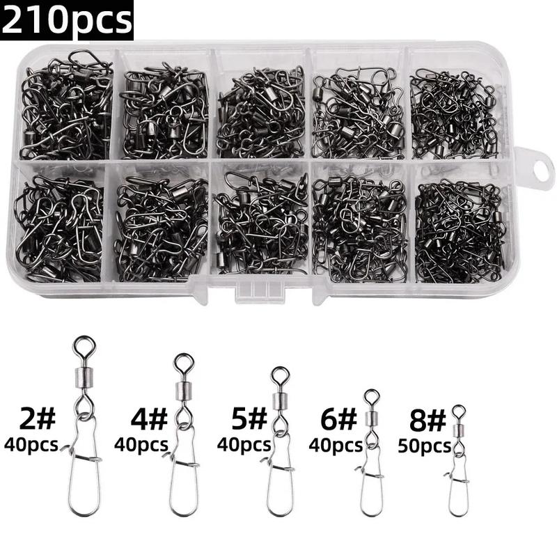 210pcs box Fishing Swivel with Nice Snaps Rolling Barrel High Strength Copper and Stainless Steel Fishing Line Connector Fishing Tackle Kit