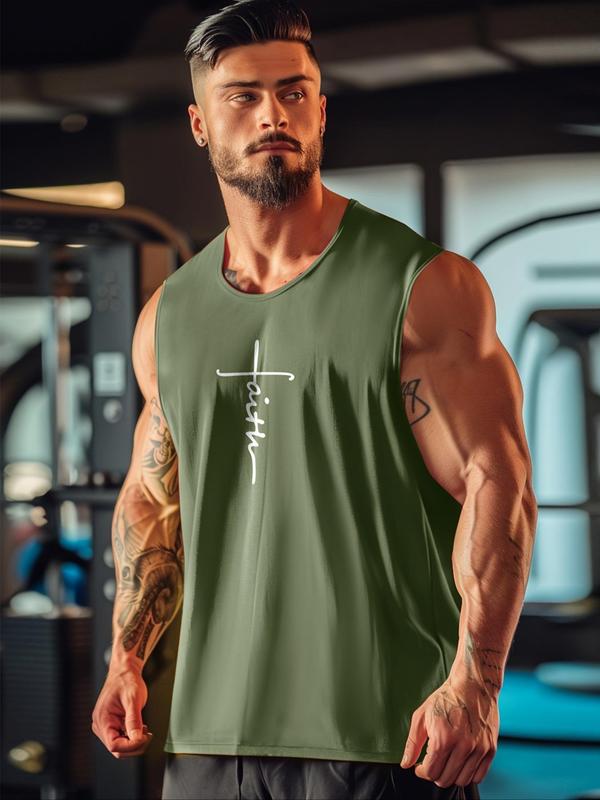 Men's Letter Print Round Neck Sports Vest, Fall Outfits, Fallfreshness Quick Drying Breathable Crew Neck Sleeveless Tank Top for Gym Workout Running, Casual Sportswear for Men