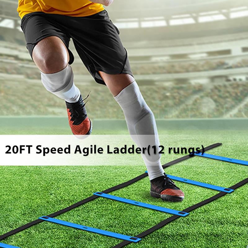 Speed & Agility Training Equipment-20ft Agility Ladder, 6 Poles, 12 Soccer Cones, Resistance Parachute, Jump Rope, Soccer Football Basketball Sport Training Set for Kids Youth Adults