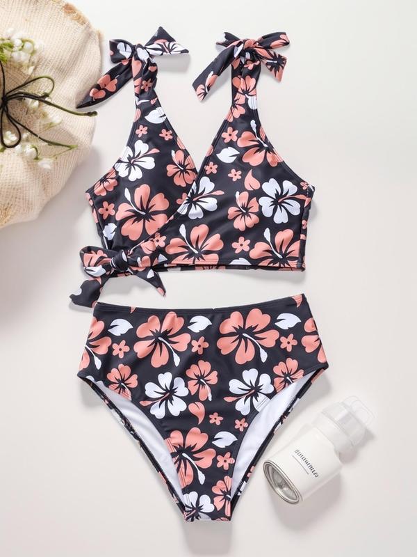 Women's Floral Print Knot Wrap Bikinis Set, Casual Sleeveless Wireless Swim Top & High Waist Swim Bottom, Summer Beach Holiday Vacation Swimwear Set for Women