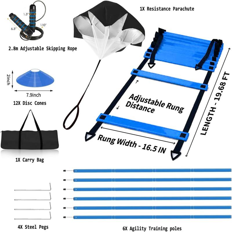 Speed & Agility Training Equipment-20ft Agility Ladder, 6 Poles, 12 Soccer Cones, Resistance Parachute, Jump Rope, Soccer Football Basketball Sport Training Set for Kids Youth Adults