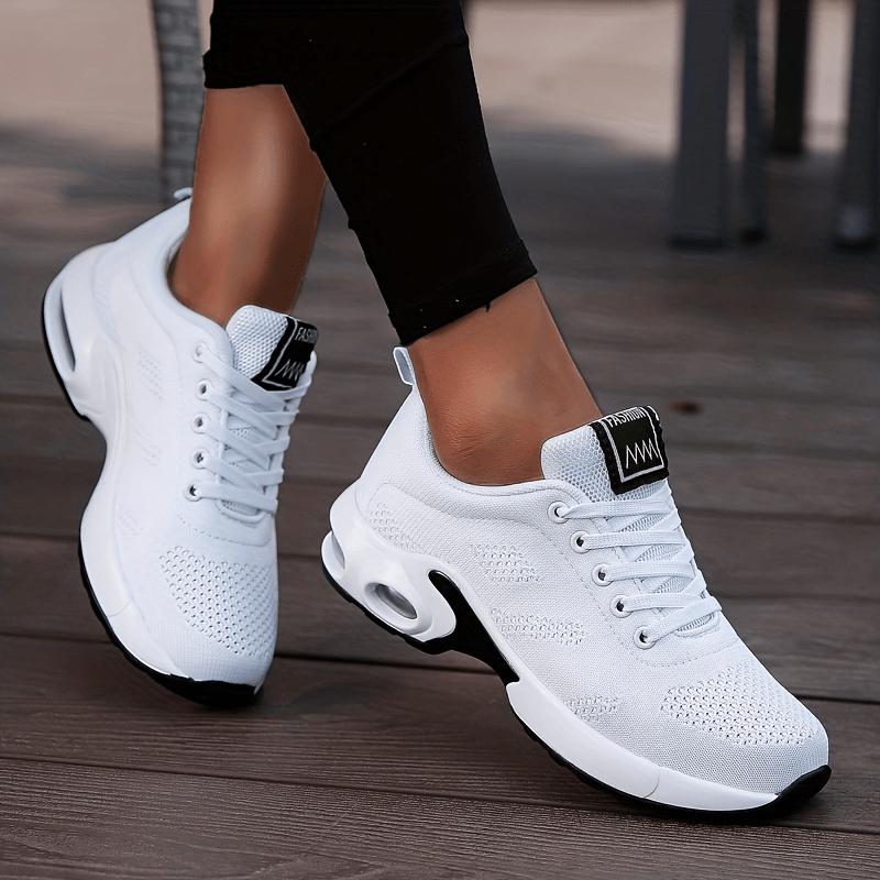 Women's Air Cushion Sneakers, Flying Woven Shock Absorbing Running Shoes, Lace Up Comfortable Outdoor Sports Shoes