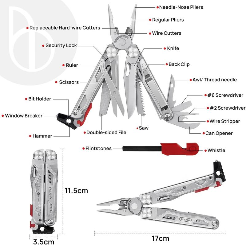 Multitool Pliers BI2038B, 22-in-1 Stainless Steel Multi Tool with Flint, Window Breaker, Scissors, Back Clip, Folding Pocket Multifunctional Self-locking EDC Tool for Survival Camping Hiking