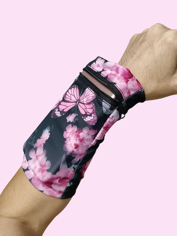 Sporty Butterfly & Floral Print Zip Up Sports Wrist Wallet, Multifunctional Zipper Sport Wristband Pocket Pouch for Outdoor Activities