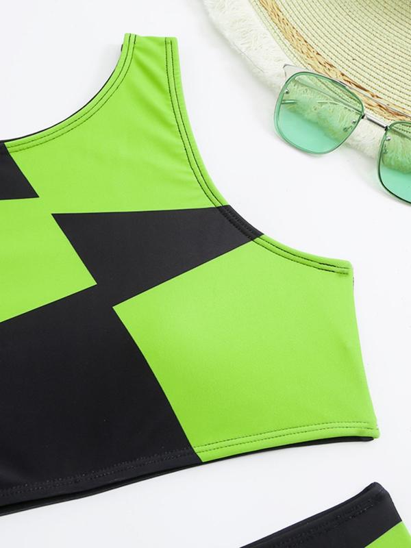 Women's Colorblock Print Tankini, Chic Sleeveless Round Neck Swim Top & High Cut Swim Bottom,  Swimsuit for Women, Bathing Suits for Women, Tummy Control Swimwear for Summer, Tummy Flattering Tankinis Set