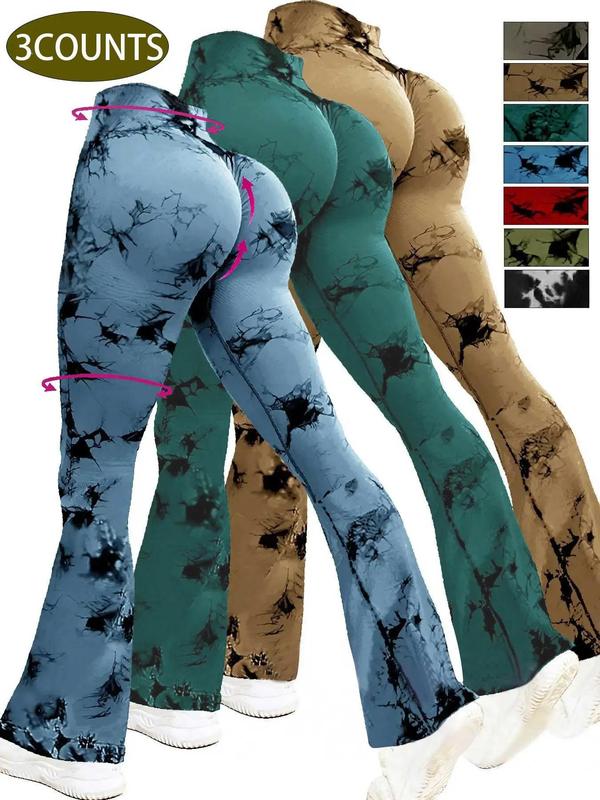 Women's Tie Dye Print High Waist Sports Tummy Control Leggings, High Stretch Seamless Flare Leg Yoga Leggings, Yoga Pants, Workout Clothes Women, Gym Clothes, compression pants, Flared Leggings, Ladies Sportswear for Indoor Outdoor Wear