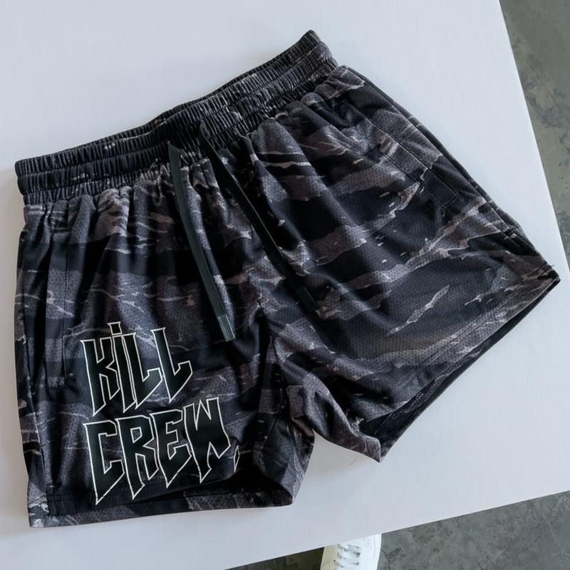 [Kill Crew] Muay Thai Shorts Logo - Black Camo, Unisex, Mid Thigh Cut, Pockets, Gym Shorts, Elastic Waistband, Long drawcord with wax tips