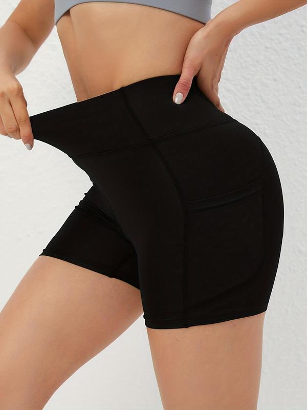 Women's Solid High Waist Sports Shorts, Sporty Comfortable Quick Drying Pocket Skinny Shorts, Gym Shorts, Ladies Sportswear for Gym Yoga Running