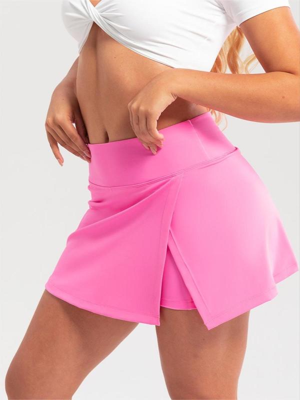 Women's Plain 2 IN 1 Zipper Pocket Wrap Split Hem Sports Skort, Casual Sporty High Stretch Short Skort for Tennis Volleyball Badminton Running, Tennis Skirt, Ladies Sportswear Bottoms