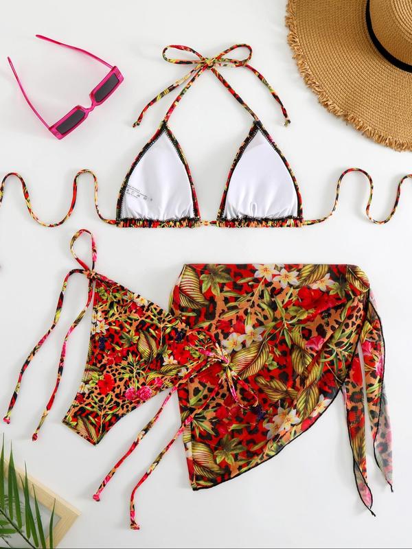 Women's Tropical Print Bikini Set, Tie Back Swim Top & Tie Side Swim Bottom & Knot Side Skirt Set, Three-piece Swimsuit for Summer Beach  Vacation