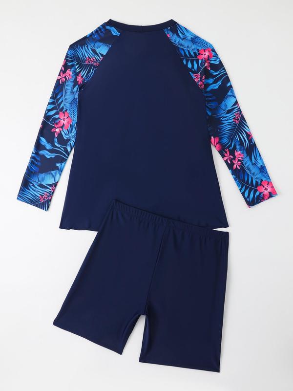 Plus Size Women's Tropical Patchwork Print Raglan Sleeve Swim Tee & Plain Elastic Waist Swim Shorts Professional Diving Suit Set, Plus Casual Long Sleeve Round Neck Swim Top & Swim Bottoms Swimsuit for Summer, Bathing Suits Women, Ladies' Swimwear