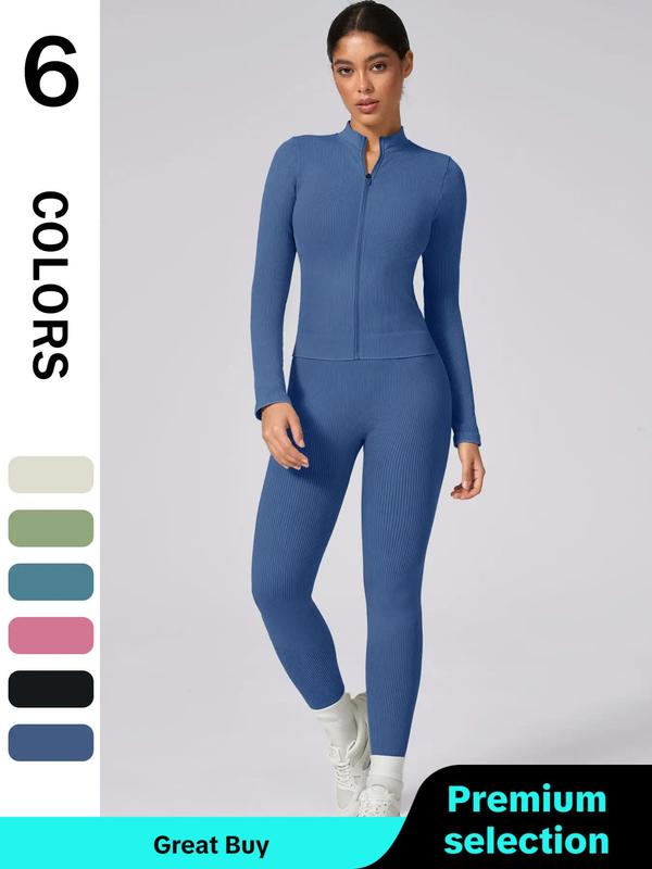 2 Counts Women's Solid Color Tracksuit Set, Sports Zip Up Crop Jacket & High Waist Leggings, Back To School Outfits, Gym Sets for Women, Tracksuits 2000s, Ladies Fall Clothes, Minimalistic Outfit, Gym Clothes, Women's 2 Piece Sets, Sweatsuit Set Outfit