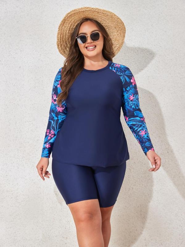 Plus Size Women's Tropical Patchwork Print Raglan Sleeve Swim Tee & Plain Elastic Waist Swim Shorts Professional Diving Suit Set, Plus Casual Long Sleeve Round Neck Swim Top & Swim Bottoms Swimsuit for Summer, Bathing Suits Women, Ladies' Swimwear