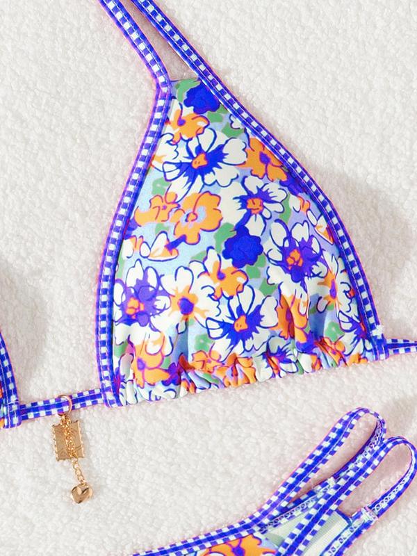 Two-Piece Set Women's Ditsy Floral Print Tie Back Bikini Set, Halter Neck Triangle Swim Bra & High Cut Swim Bottom, Fashion Chic Ladies Bathing Suit for Summer Beach Holiday Vacation, Swimsuit for Women