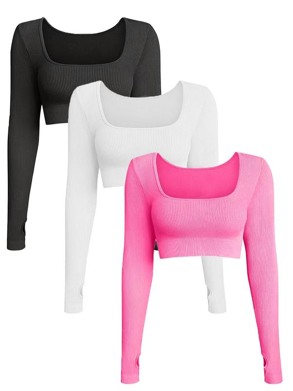 Women's Solid Square Neck Sports Tee, Sporty Long Sleeve T-Shirt for Yoga Gym Workout Running, Ladies Sportswear for All Seasons