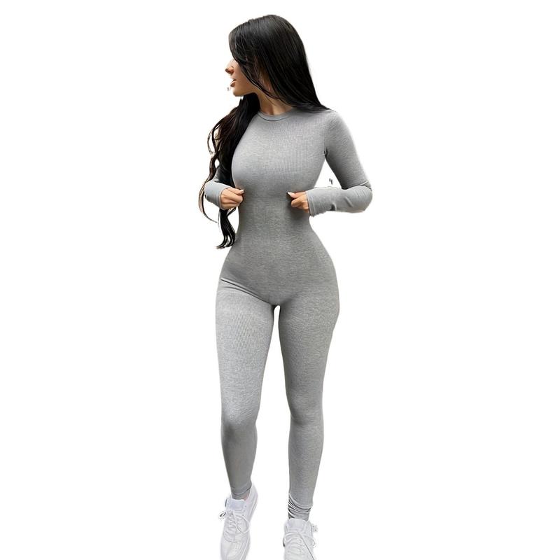 Solid Color Long Sleeve Jumpsuit, Fitness Yoga Slim Yoga One-Piece Tights, Women's Sportswear knit  material