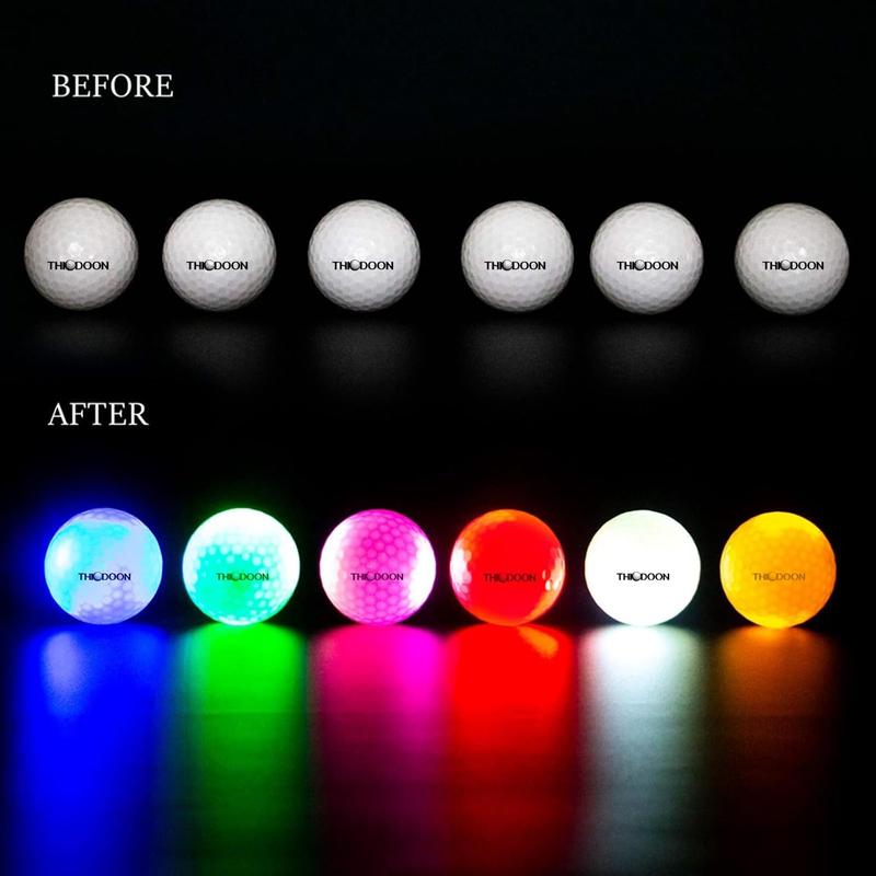 THION Glow in The Dark Golf Balls Light Activated 7 Colors Light Up LED Golf Balls No Timer Stay Lit Easy to Turn On and Off with Flashlight Glowing Golf Balls for Night Golfing 6 Pack