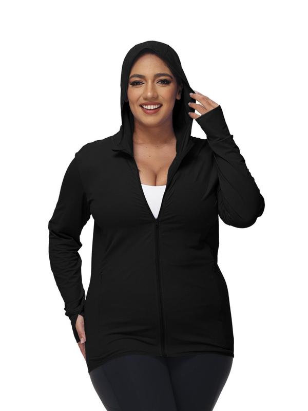  Solid Zip Up Thumb Hole Design Sports Jacket, Sporty Long Sleeve Pocket Zip Front Outerwear for Women, Women's Sportswear for Outdoor Activities Winter Clothes Women