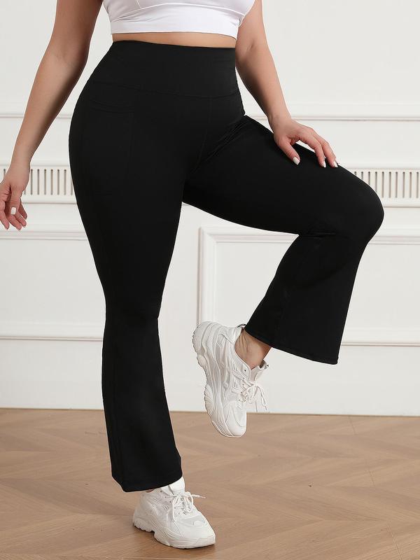 Plus Size Solid Pocket Flare Leg Sports Leggings, Casual High Waist Skinny Bell Bottom Pants for Yoga Gym Workout Running, Yoga Pants, Summer Outfits 2024