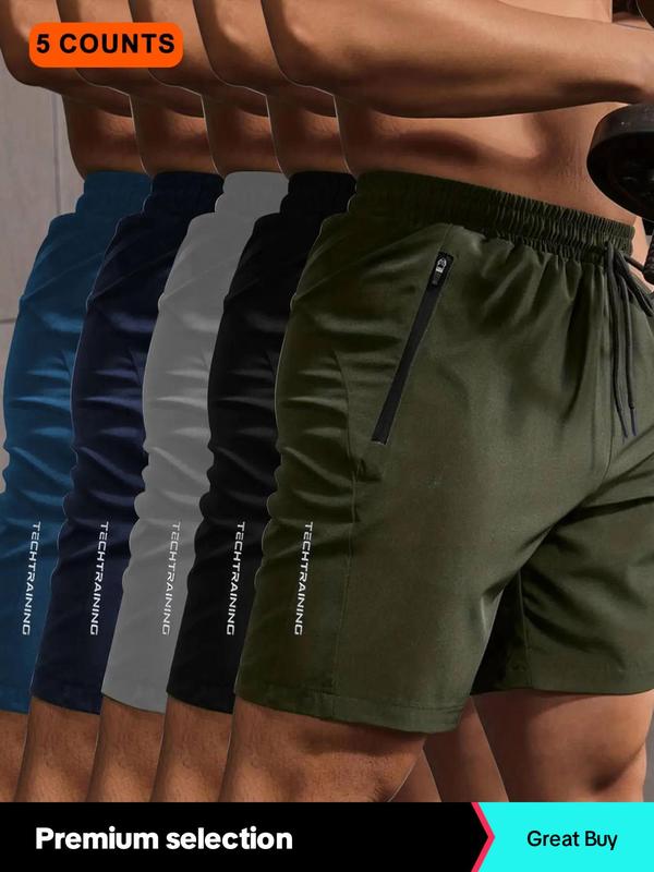 Sporty Men's Letter Print Zipper Drawstring Waist Sports Shorts, Sports Quick Drying Elastic Waist Shorts, Breathable Men's Sportswear for Running Gym Workout, Yaga Pants Jogging Short