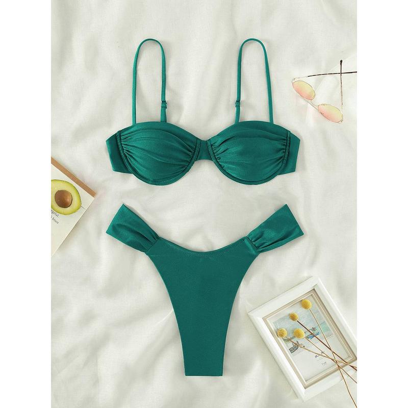 Women Swim Bikini Suit, Solid Color Pleated Sleeveless Bra+ Shorts Briefs Swimwear Swimsuit