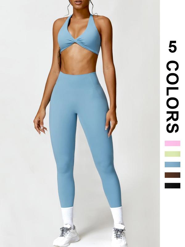 Two-Piece Set Women's Solid Twist Ruched Halter Crop Sports Top & High Waist Leggings Tracksuit Set, Sporty Casual Breathable Outfits for Yoga Gym Workout Running, Ladies Yoga Sportswear for All Seasons