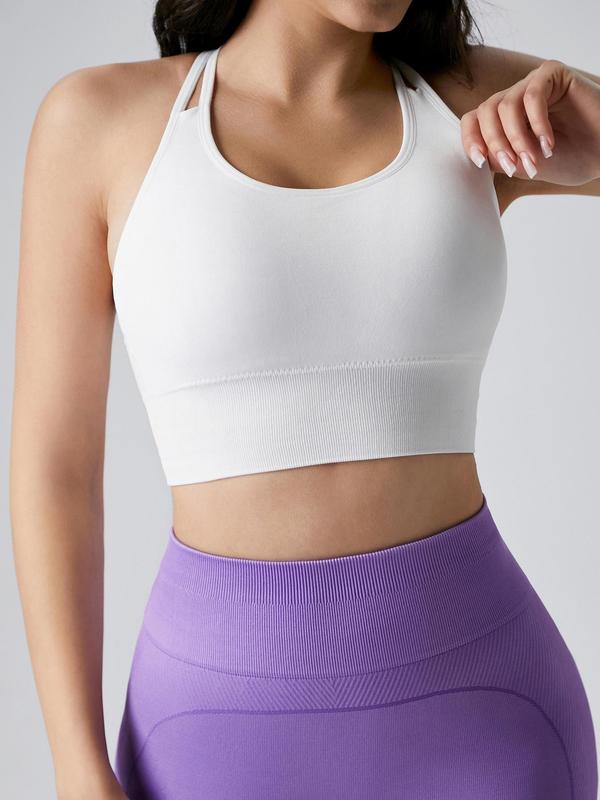 Sporty Women's Solid Color Criss Cross Double Straps Sports Cropped Vest, Sport Plain Round Neck Sleeveless Sports Crop Cami Top for All Seasons, Workout Gym Yoga Top for Women