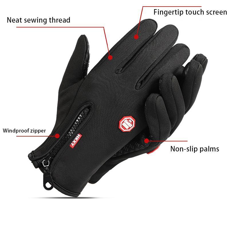 Zipper Patched Outdoor Cycling Gloves, Warm Touch Screen Waterproof Windproof Gloves, Sports Gloves for Skiing Climbing