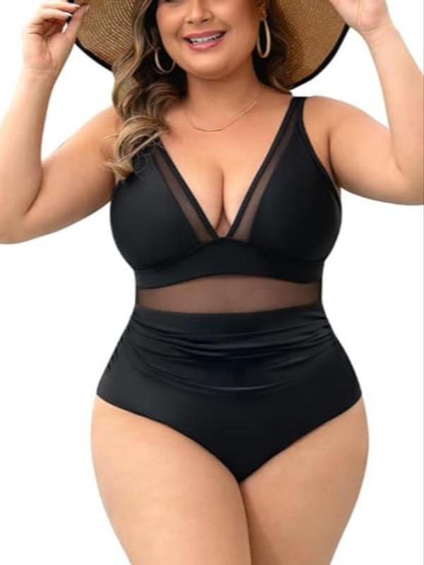 Plus Size Sexy Contrast Mesh V Neck One-piece Swimsuit, Adjustable Strap Swimwear for Summer, Ladies Plus Size Swimwear for Beach, Back To School Outfits, Plus Size Swimwear